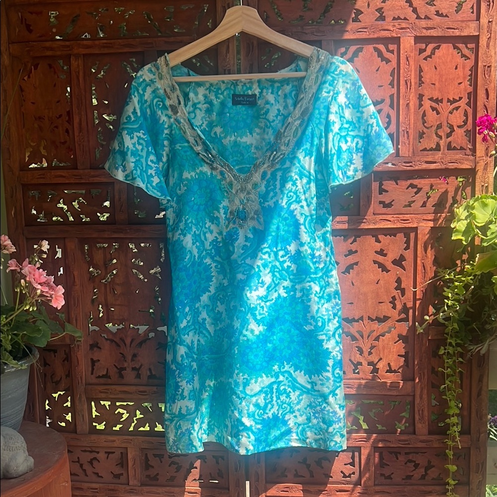 Stela Forest Blue silk Sequin Flutter Sleeve Mini Sundress